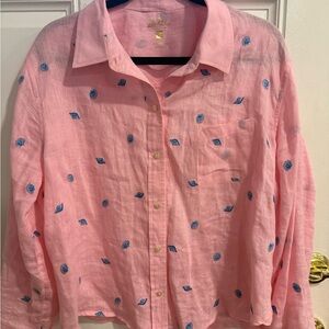 Pink Button-Up Linen Shirt with Blue shells  Embroidery size L